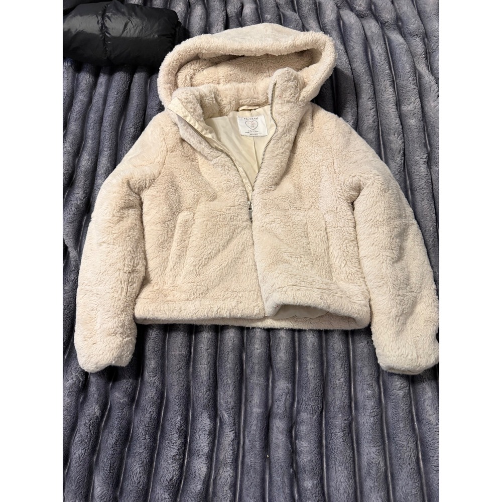 Primark Girls Cream Faux Fur Hooded Jacket Size 8-9 Years 134cm Teddy Coat